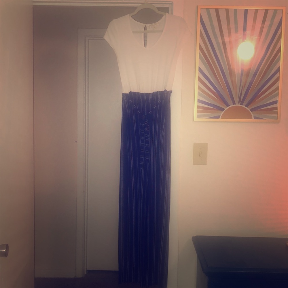 Navy blue and white jumpsuit.